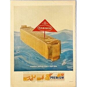 Nabisco Premium Saltine Crackers "Bag sailing on water: Tight Ship"Print Ad 1964